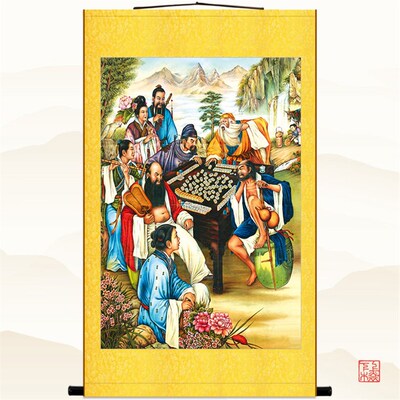 八仙过海打麻将挂画丝绸画卷轴画 棋牌室装饰画挂图海报定制订做