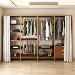 开放式衣柜帘子金色铁艺衣帽架落地步入式挂衣架卧室置物架50CM宽