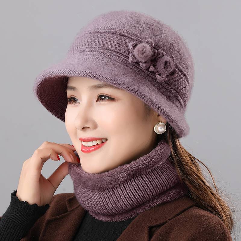 女士帽子围巾冬季防寒加厚中老年人保暖帽子2024新款兔毛妈妈帽