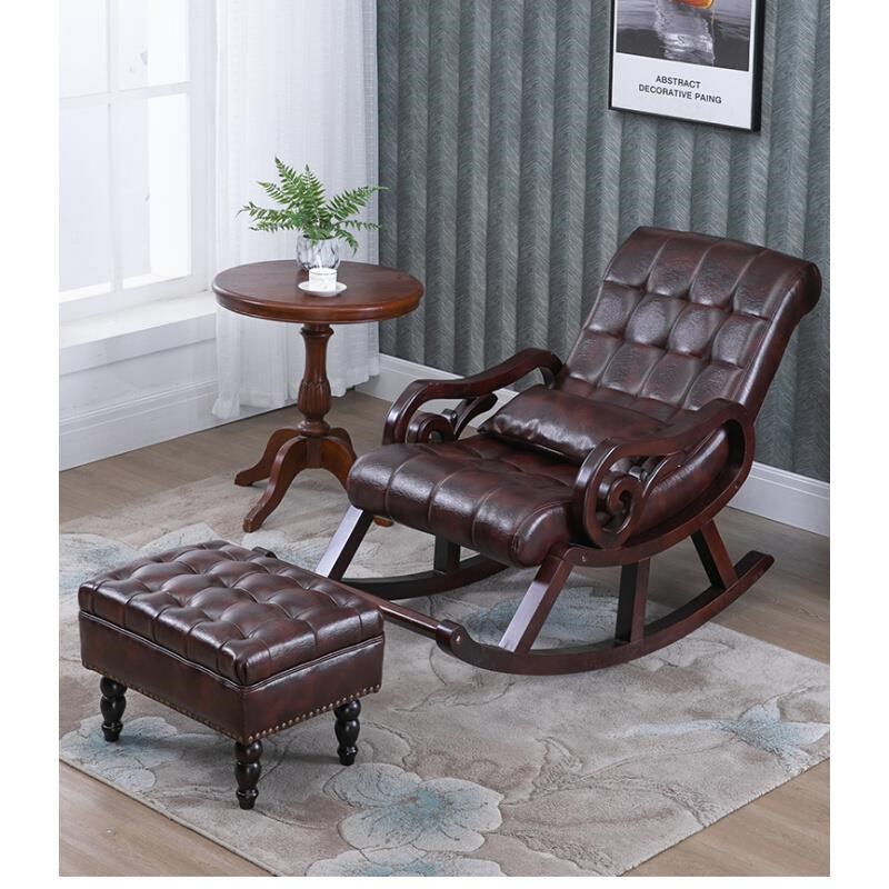 北欧阳台皮摇椅躺椅大人家用懒人休闲摇摇椅老人椅实木午休沙发椅
