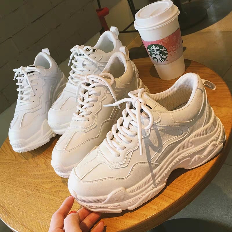 新品White Women Shoes New Chunky Sneakers For Women Lace-Up