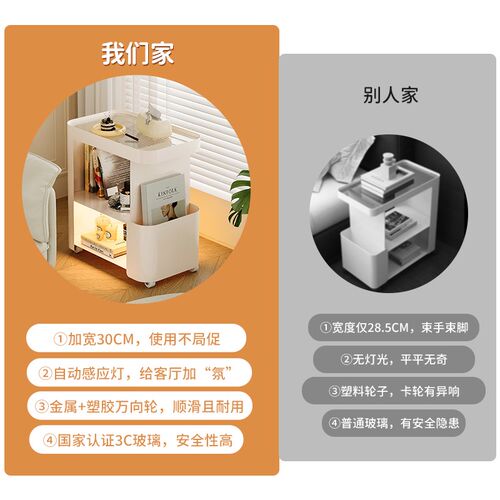 奶油风沙发边几客厅可移动茶几小桌子侧边柜带灯铁艺小推车置物架