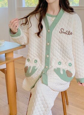 速发新款秋冬加厚空气q棉孕妇睡衣女产妇哺乳喂奶月子服三件套夹