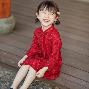 儿童旗袍2023春秋季新款长袖红色中国风洋装女童礼服蕾丝公主裙
