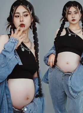 孕妇照服装影楼新款个性时尚牛仔甜酷孕妈咪大肚艺术拍照摄影衣服