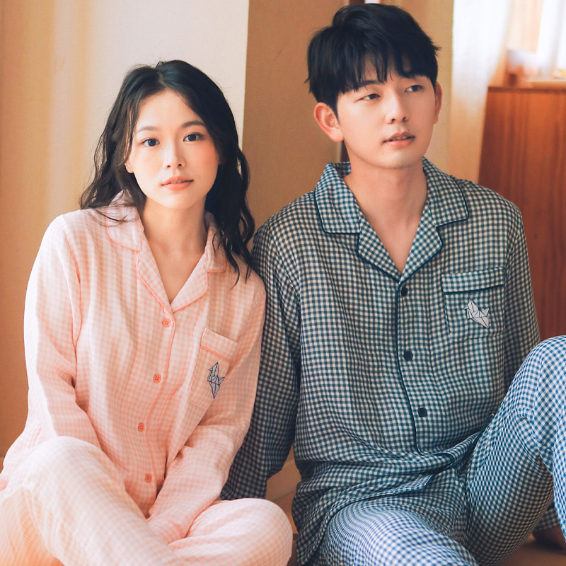 三层纱布纯棉睡衣女早春情侣装春秋款长袖长裤S男女两件套家居服