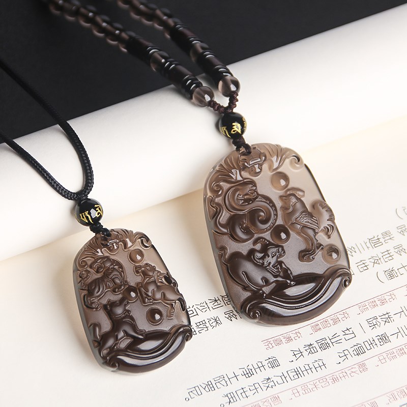 现货冰种黑曜石十二生肖三合贵A人吊坠项链寅午戌申子辰亥卯未挂