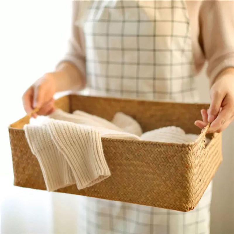 速发Large Home Storage Basket Box Grass Woven Rectangular St