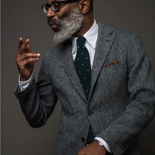西服外套休闲单西灰色西装 男士 上衣 加厚英伦复古人字纹修身 秋冬款