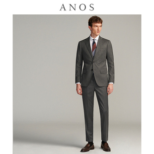 绅士英伦风平驳领西服外套 男平纹牛角扣商务修身 套装 ANOS灰色西装
