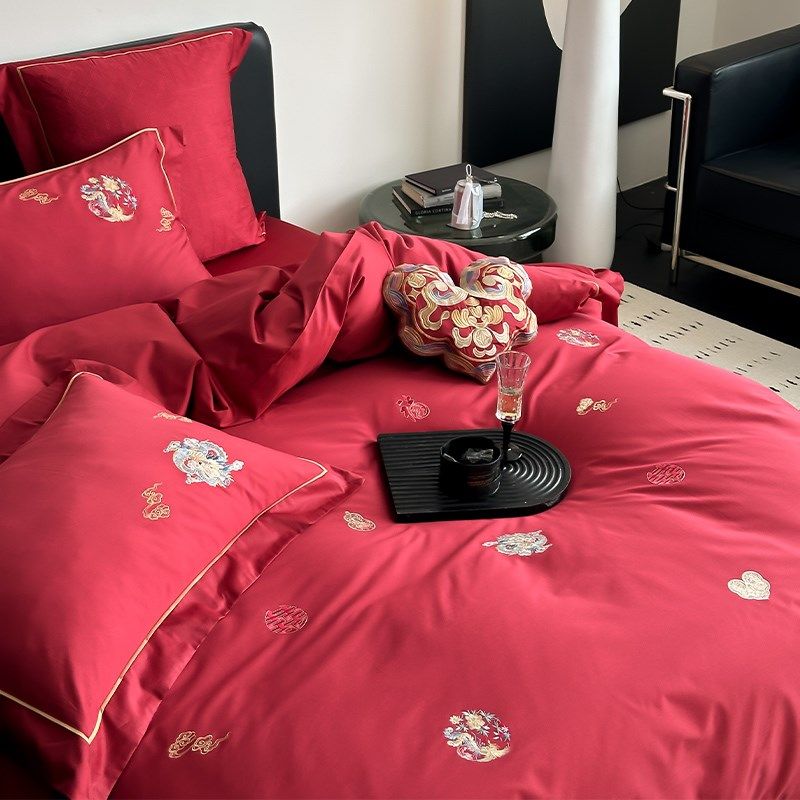 简约中式婚庆床品四件套全棉100支长绒棉刺绣红色结婚2米被套床单,床上用品,婚庆床品套件,淘宝优惠券,粉丝福利购,淘宝优惠卷