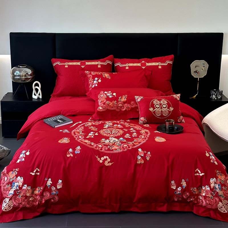结婚百子图婚庆四件套棉大红喜被床上用品婚陪嫁妆龙凤六件套,床上用品,婚庆床品套件,淘宝优惠券,粉丝福利购,淘宝优惠卷