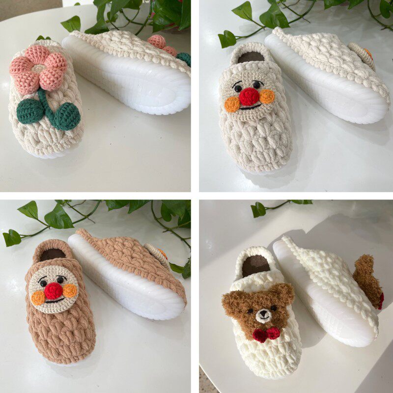 莹手工 diy粗毛n线冰条线花朵拖鞋材料包钩针编织自制手工鞋材料