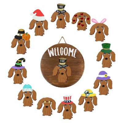 现货Wooden Dachshund Welcome Sign Wooden Front TDoor Wreath