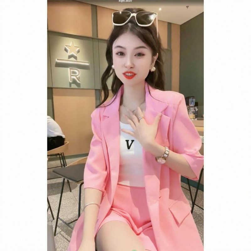 粉色西装套装女中袖夏季薄款职业装气质高级感醋酸西服正装工作服