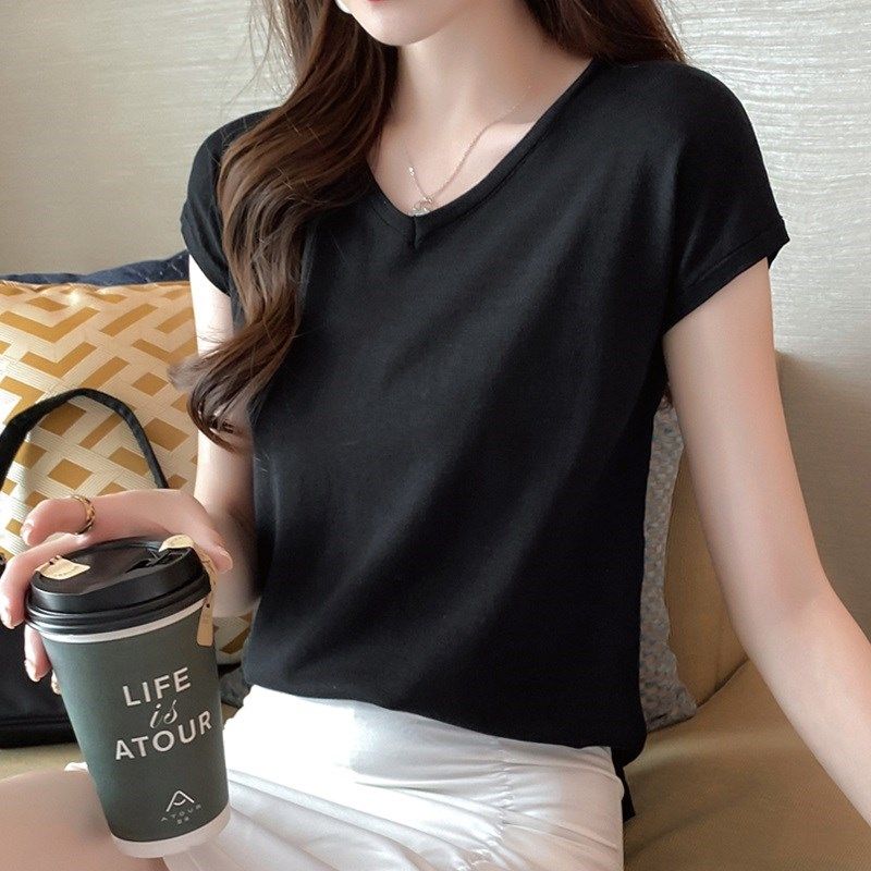 打底衫女宽松夏季2024欧货冰丝针织薄款V领短袖T恤女气质纯色上衣