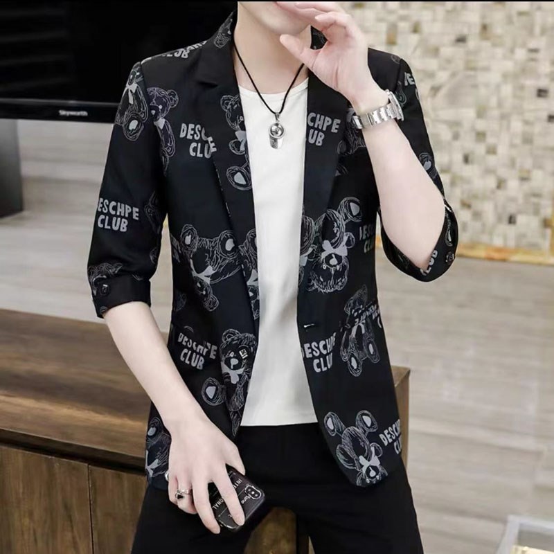 夏季男士西服韩版外套修身七分上衣潮流印花休闲西装帅气薄款中袖