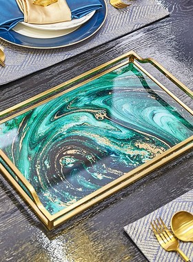 1MAP轻奢黄色流金托盘绿玛瑙金箔铜框客厅茶几遥控纸巾.盒收纳果