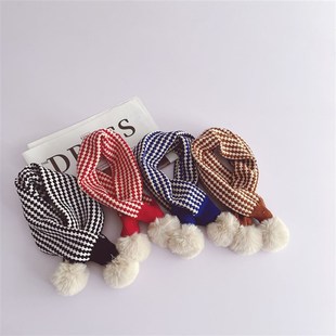 韩风儿童拼色交叉围脖秋冬大球球男女宝K宝保暖方格套口毛线围巾