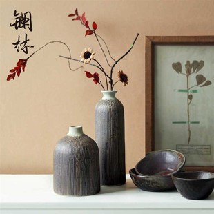 粗陶客r厅家居插干花艺摆件简约手工陶罐民宿装 花瓶陶瓷复古中式