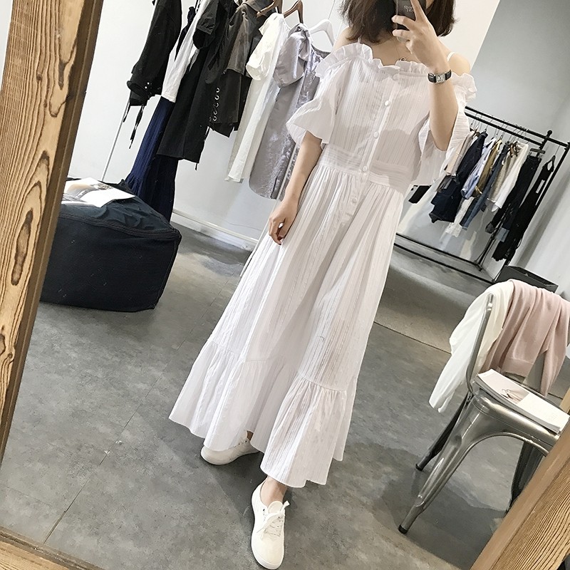 孕妇夏装长款长裙一字领露肩夏季甜美连衣裙半袖哺乳吊带裙子棉