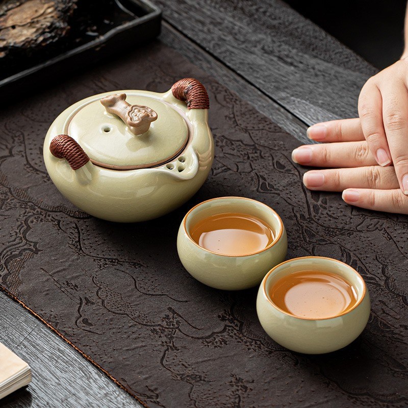 米黄汝窑旅行茶具k套装便携式一壶两杯快客杯户外企业送礼泡茶LOG