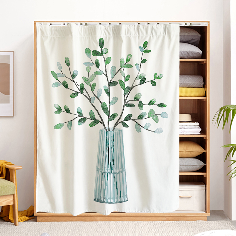 水墨绿植衣柜e门帘遮挡帘衣帽间挡灰防尘帘书柜子免打孔自粘滑轨