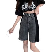 撞色高腰牛仔短裤 女夏季 显瘦a字阔腿中裤 300斤特大码 宽松五分裤 女