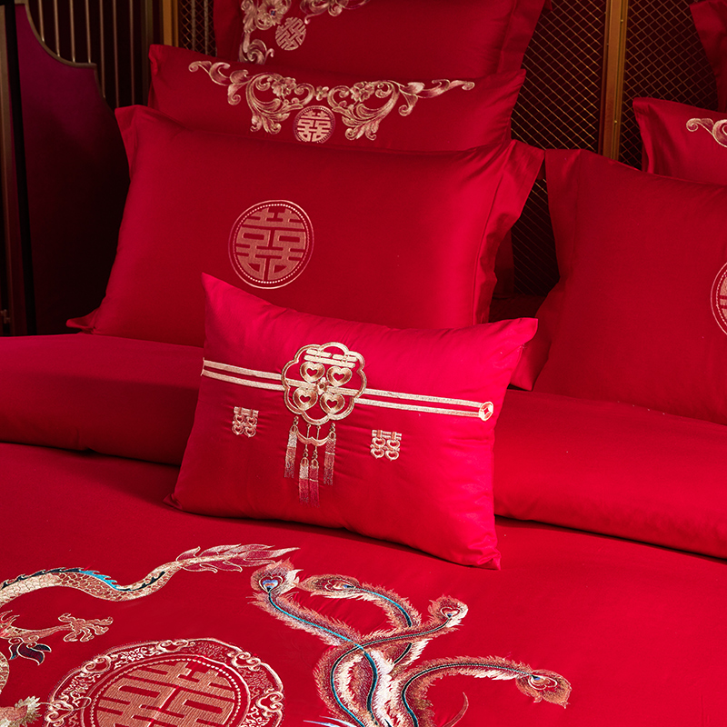 婚庆四件套大红中式刺绣新婚喜被床单被套结婚多件套婚嫁床上用品
