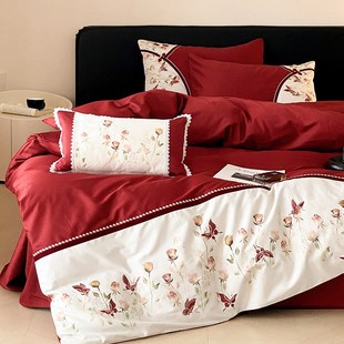 100s贡缎长绒棉红色喜庆婚嫁四件套 床单被套新婚结婚床品 绣花款