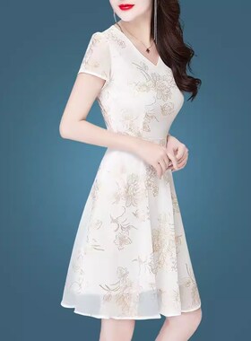 大码夏胖mm法式在逃公主裙仙女V领玫瑰印花泡泡袖收腰连衣裙200斤