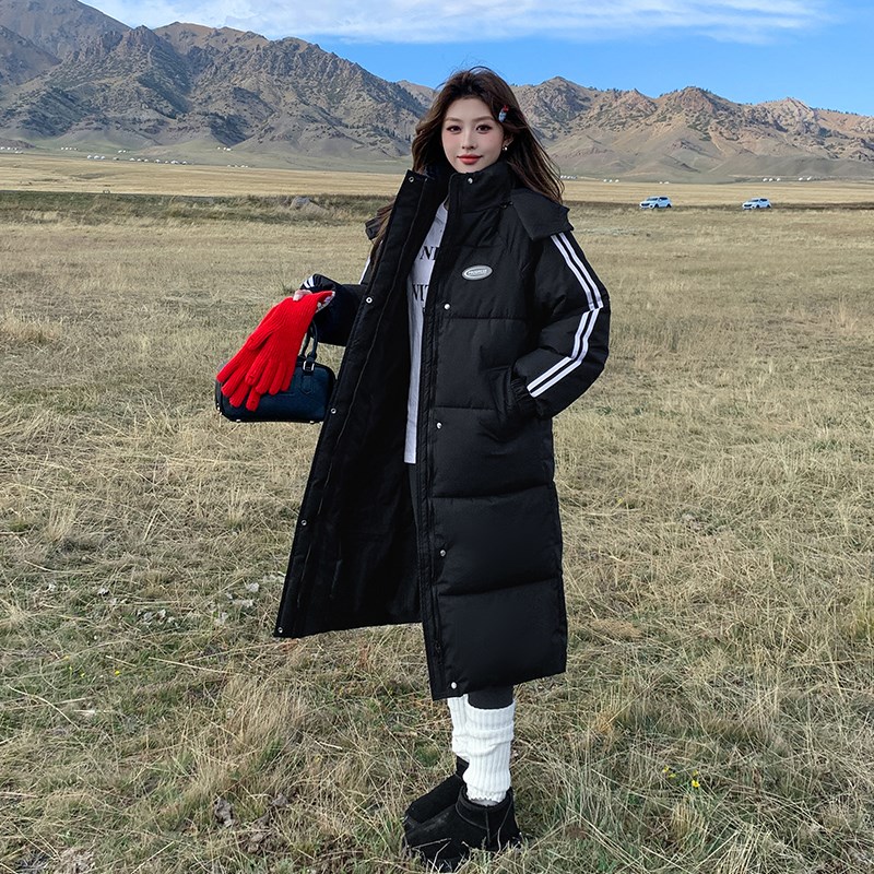 黑色长款羽绒棉服女冬季设w计感韩版宽松学院风加厚爆款过膝棉袄
