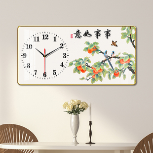 新中式 玄关客厅挂钟装 饰画柿子免打孔钟表挂画事事如意餐厅时钟表
