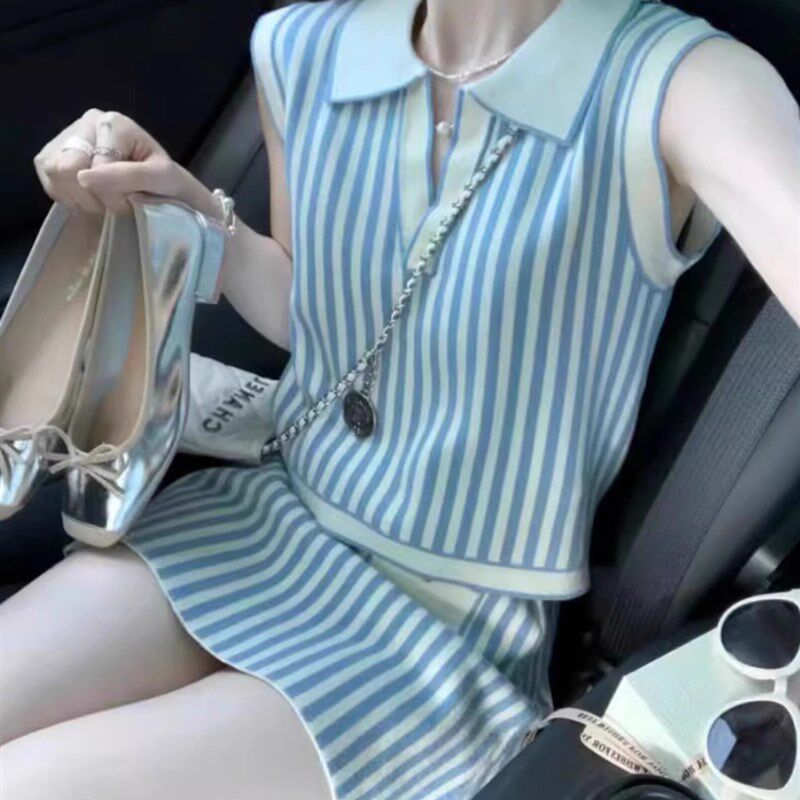 欧洲站夏季穿搭一整套撞色条纹设计感通勤职业上衣半身裙两件套装