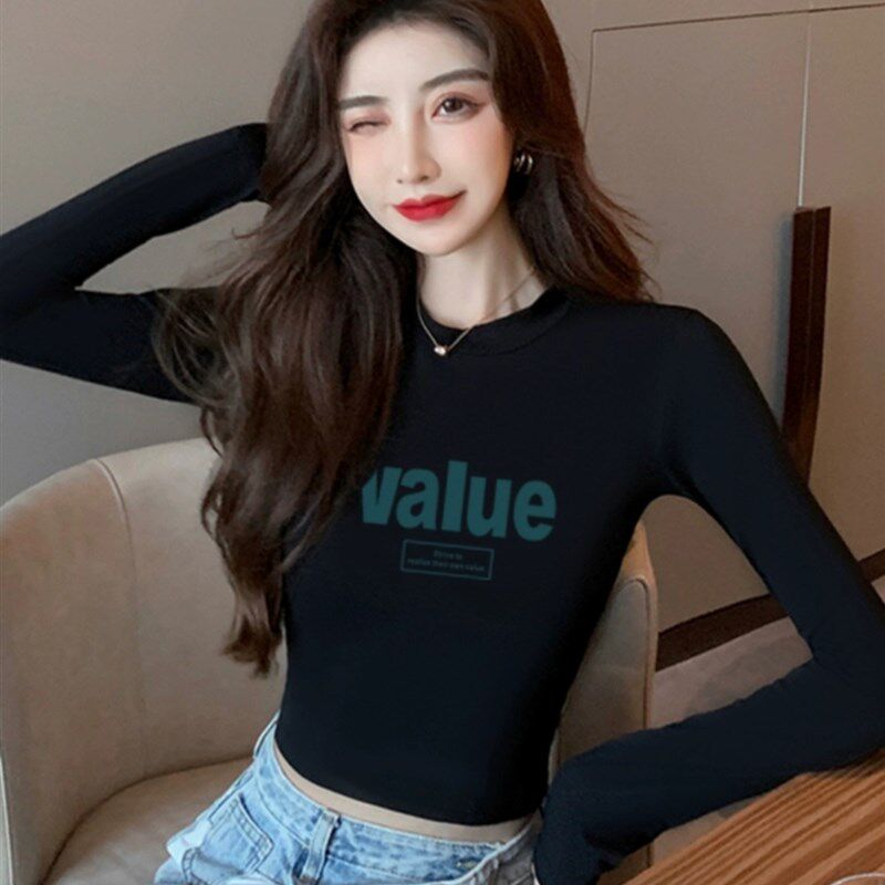 潮牌女短款高腰露脐秋冬内搭紧身上衣半高领打U底黑色长袖T恤