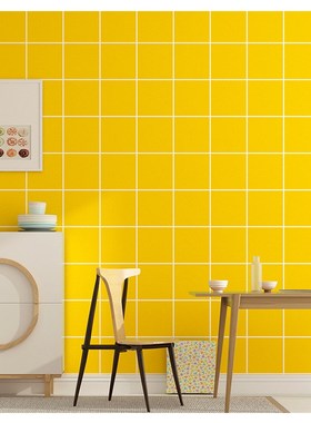 黄色格子墙纸 北欧ins现代简约风格方块K刷胶卧室客厅电视背景壁