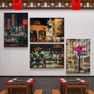 香港街景装饰画怀旧复古老照片工业风港式L茶餐厅墙壁画火锅店挂