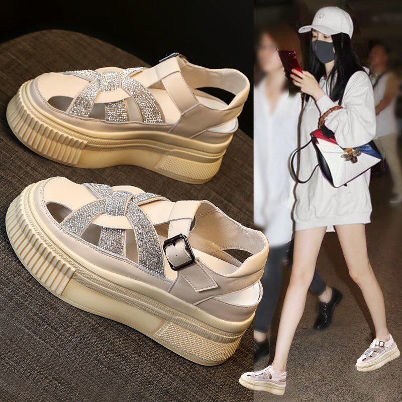 潮牌时尚包头真皮水钻凉鞋女2024夏新款女鞋韩版厚底增高沙滩鞋女