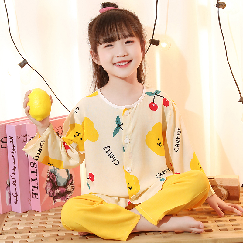 宝宝绵绸睡衣男女婴儿童家居服空调薄H小孩人造棉绸套装长袖开衫