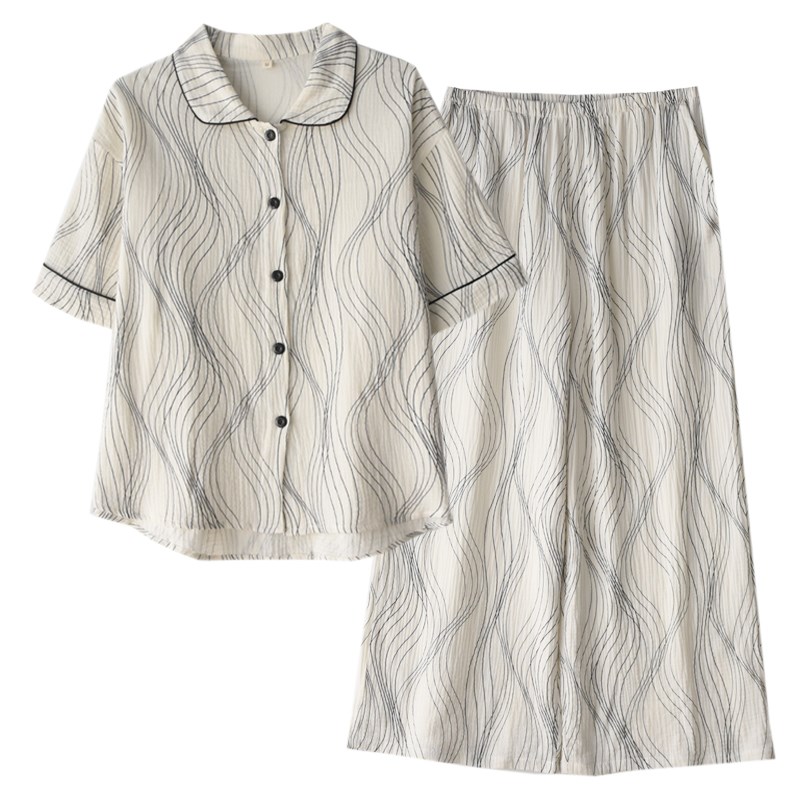 高级感波浪条纹睡衣女春夏季纯棉纱布中袖阔腿九分裤家居服套装