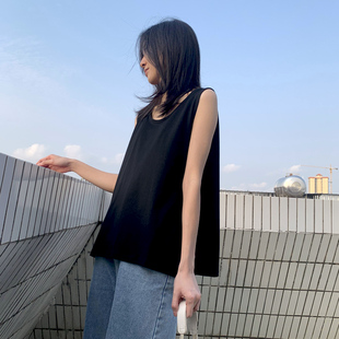 宽松纯棉吊带背心女内搭无袖t恤白色H韩版小清新上衣大码外穿夏黑