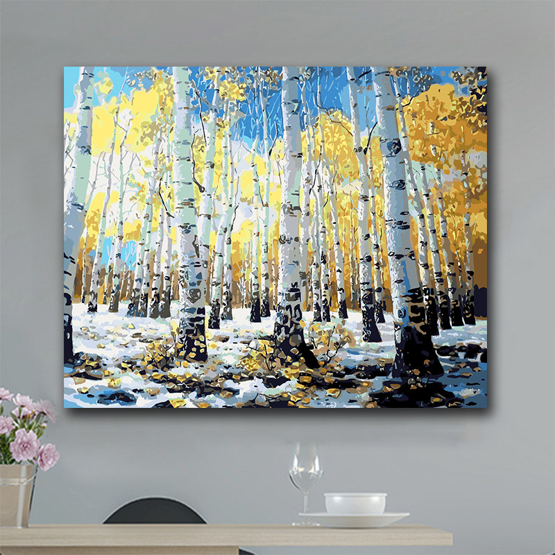 diy数字油画风景成人手绘简单定制减压简约现代装饰画秋景白桦林