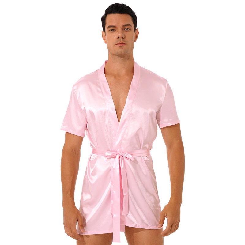 推荐Men Sissy Satin Lace Kimono Night-Robe Nightwear See-Thr