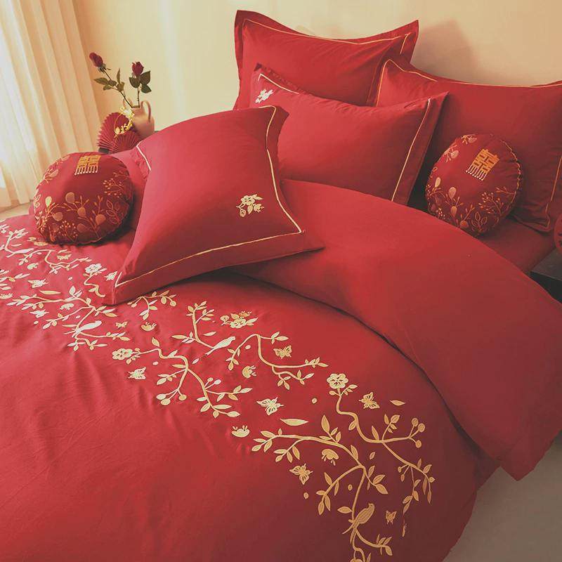 大红色刺绣全棉床单四件套结婚礼物布置婚房婚床装饰床上用品,床上用品,婚庆床品套件,淘宝优惠券,粉丝福利购,淘宝优惠卷