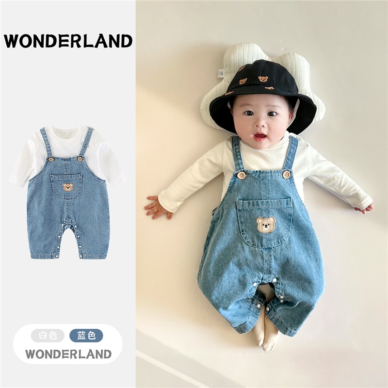 新品婴儿春装衣服新生男宝宝牛仔连体衣春秋M季可爱超萌婴幼儿外