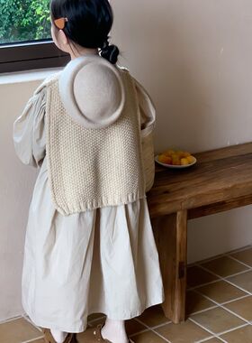 韩系女童纯色泡泡袖洋装秋季新品小女I孩宽松长裙子针织毛线披肩