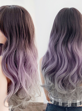 假发女长卷发渐变色蓬松个性紫色逼真大波浪网红修脸全头套式长发