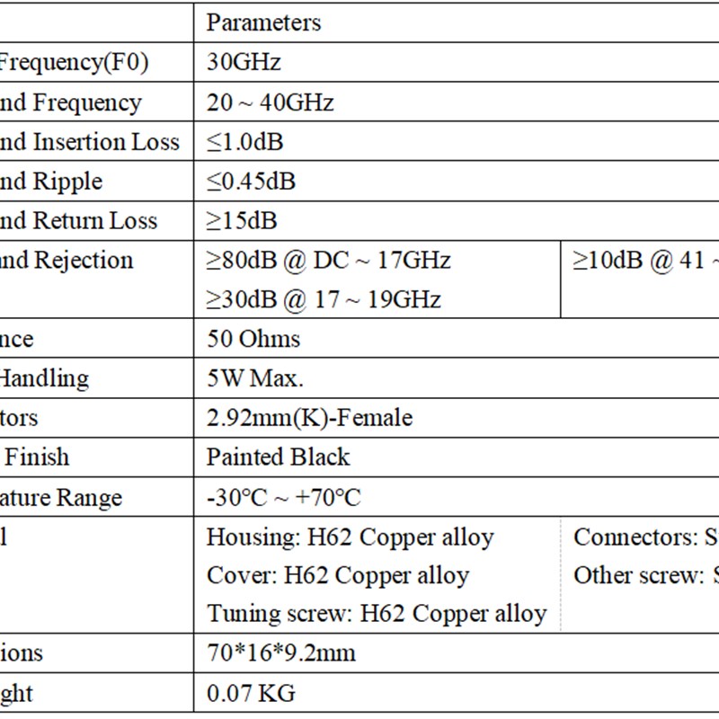 中心频率:30GHz 带通频率:20-40GHz 射频微波同轴 带通滤波器