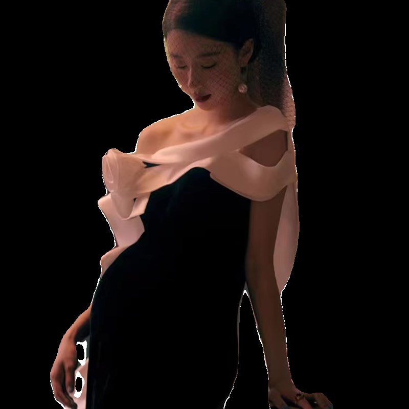 孕妇拍照服装影楼主题新款法式复古赫本风抹胸长裙孕妈咪写真礼服