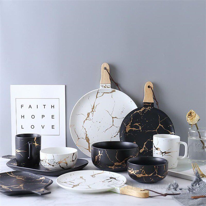 Large Soup Bowl European Marble Ceramic Plate Gold Snacks Wi